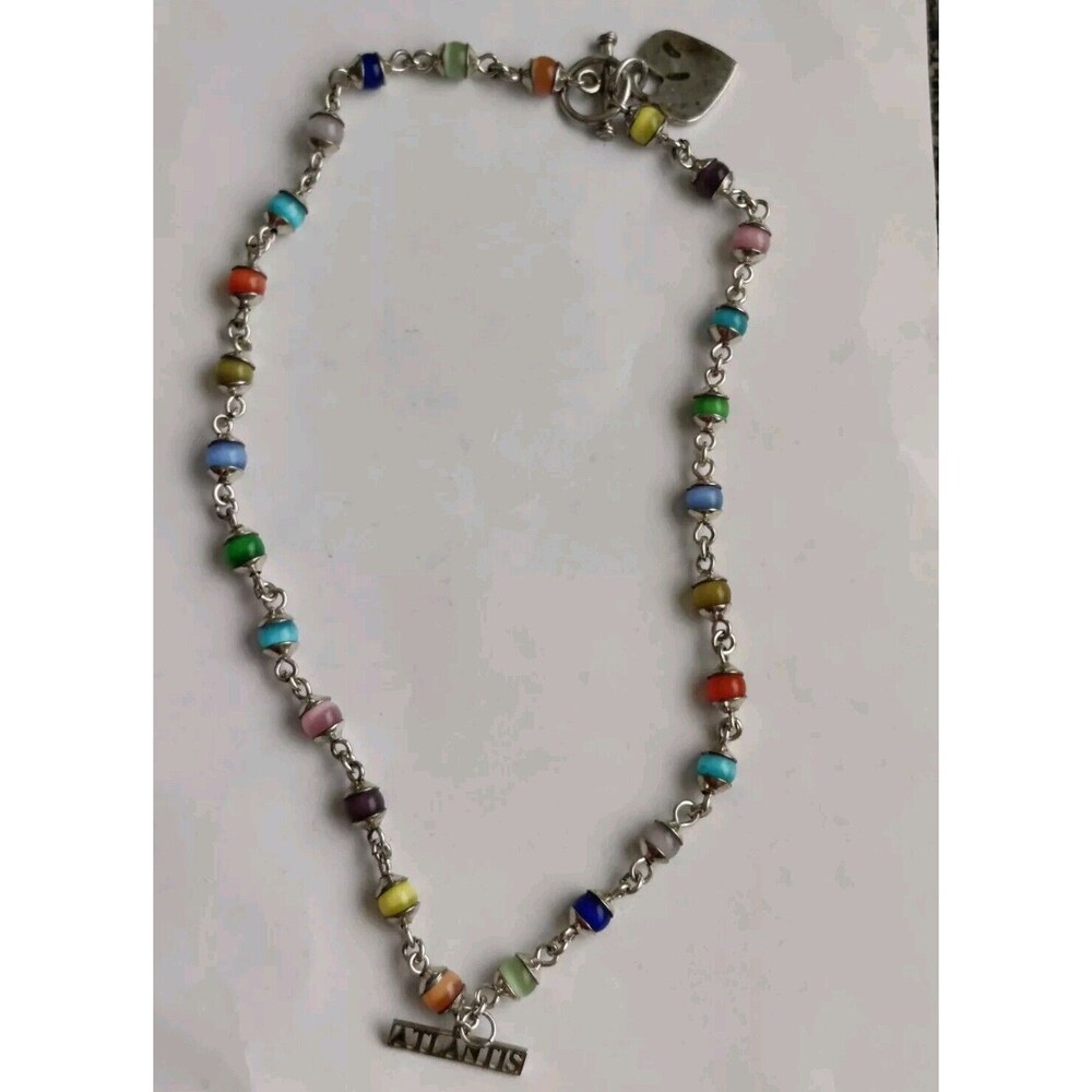 Multicolor Stone Silver Atlantis NECKLACE 16" Heart Charm